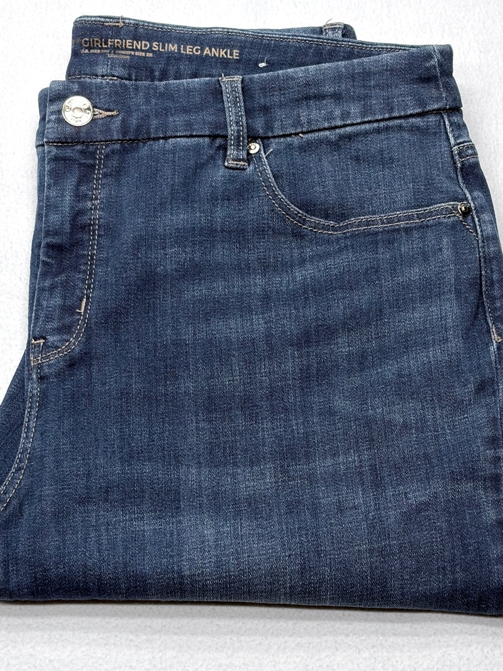 Chico’s So Slimming Girlfriend Jeans Women’s 10 Blue Ankle Stretch Denim